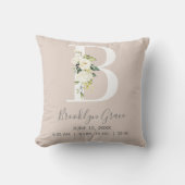 Blush Floral Letter B Monogram Baby Birth Stats Kussen (Voorkant)