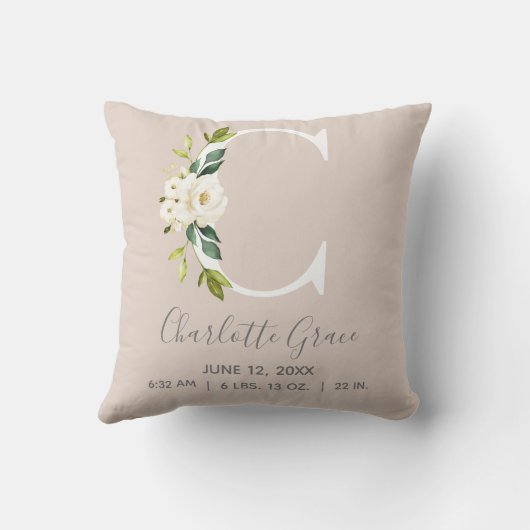 Blush Floral Letter C Monogram Baby Birth Stats Kussen (Achterkant)