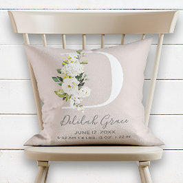 Blush Floral Letter D Monogram Baby Birth Stats Kussen