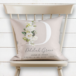 Blush Floral Letter D Monogram Baby Birth Stats Kussen