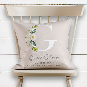 Blush Floral Letter G Monogram Baby Birth Stats Kussen