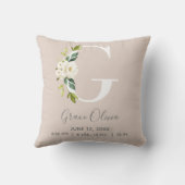 Blush Floral Letter G Monogram Baby Birth Stats Kussen (Achterkant)