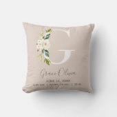 Blush Floral Letter G Monogram Baby Birth Stats Kussen (Voorkant)