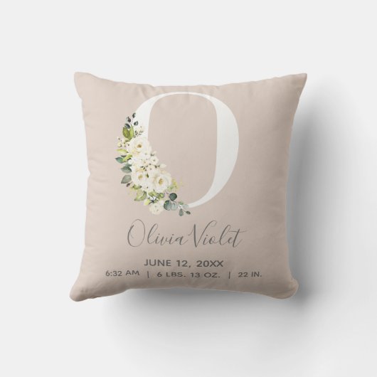 Blush Floral Letter O Monogram Baby Birth Stats Kussen (Achterkant)