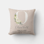 Blush Floral Letter O Monogram Baby Birth Stats Kussen (Voorkant)
