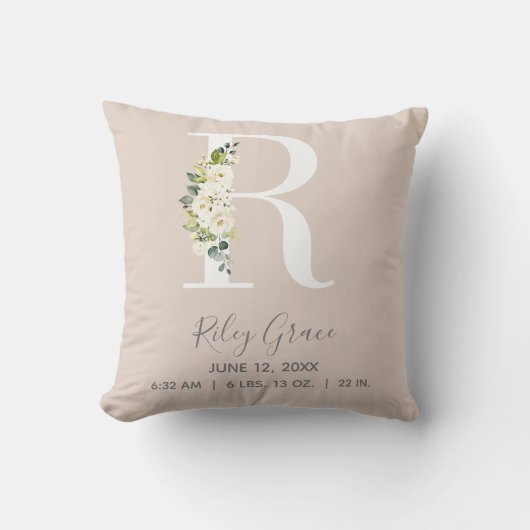 Blush Floral Letter R Monogram Baby Birth Stats Kussen (Voorkant)