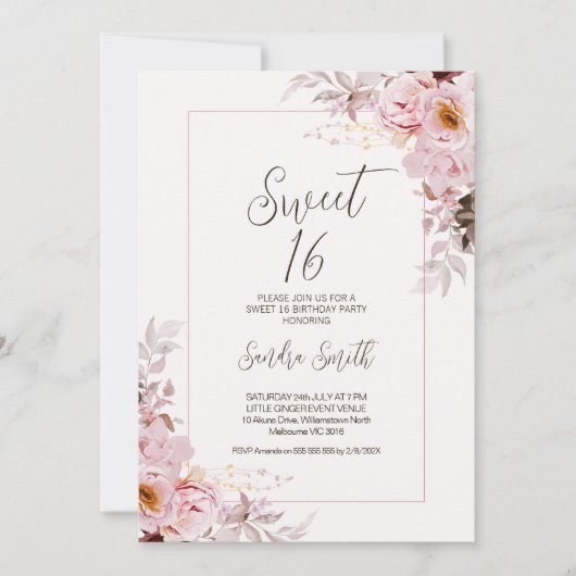 Blush Floral Lijst Sweet 16 Verjaardagsuitnodiging Kaart (Voorkant)