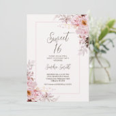 Blush Floral Lijst Sweet 16 Verjaardagsuitnodiging Kaart (Staand voorkant)