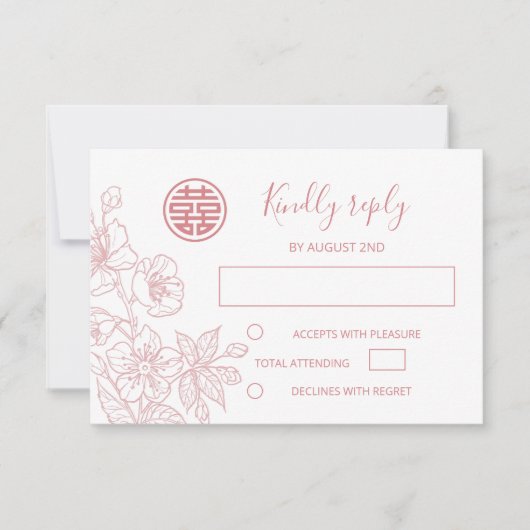 Blush Floral Line Art Chinese Wedding RSVP Kaartje (Voorkant)