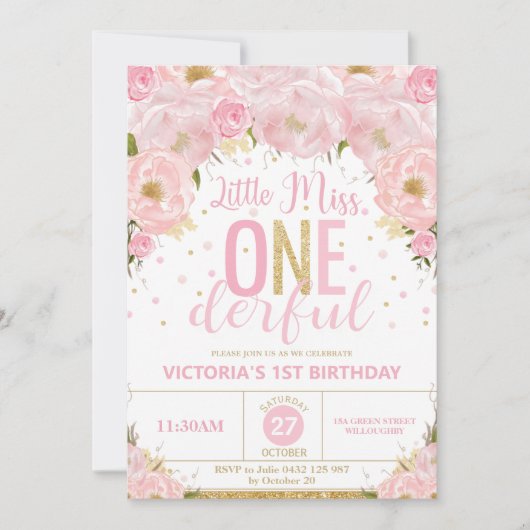 Blush Floral Little Miss Onederful 1e verjaardag Kaart (Voorkant)