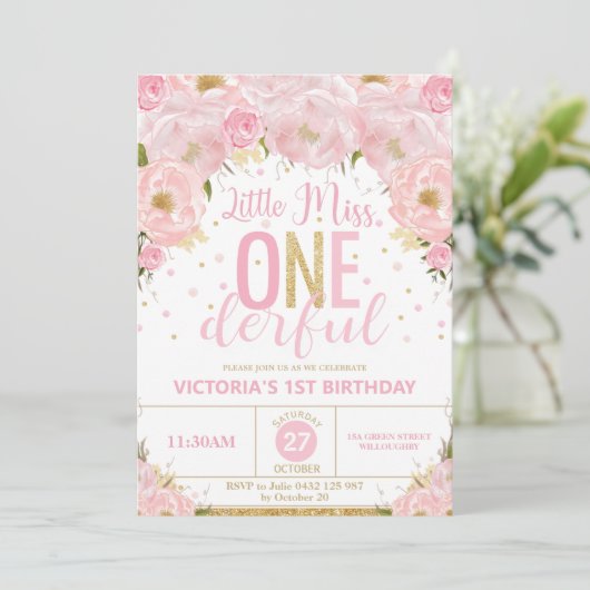 Blush Floral Little Miss Onederful 1e verjaardag Kaart (Staand voorkant)