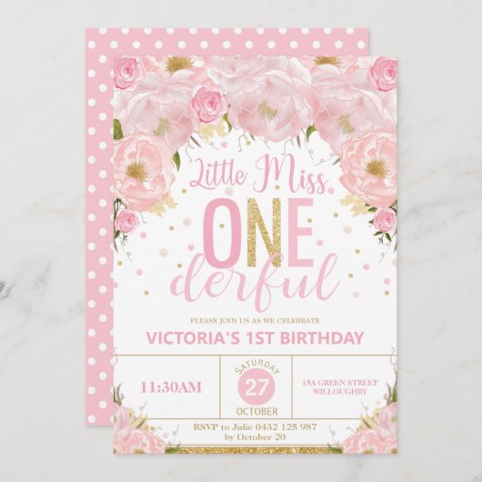 Blush Floral Little Miss Onederful 1e verjaardag Kaart (Voorkant / Achterkant)