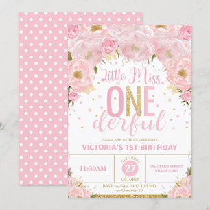 Blush Floral Little Miss Onederful 1e verjaardag Kaart