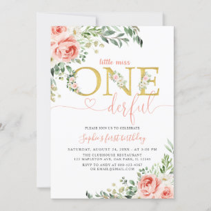 Blush Floral Little Onederful Girl 1e verjaardag Kaart