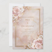 Blush Floral Marble Gilded Frame Wedding Kaart (Voorkant)