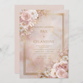Blush Floral Marble Gilded Frame Wedding Kaart (Voorkant / Achterkant)