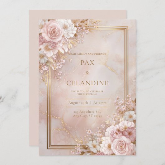 Blush Floral Marble Gilded Frame Wedding Kaart (Voorkant / Achterkant)