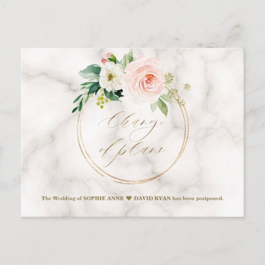 Blush Floral Marble Gold Change of Plans Wedding Briefkaart (Voorkant)