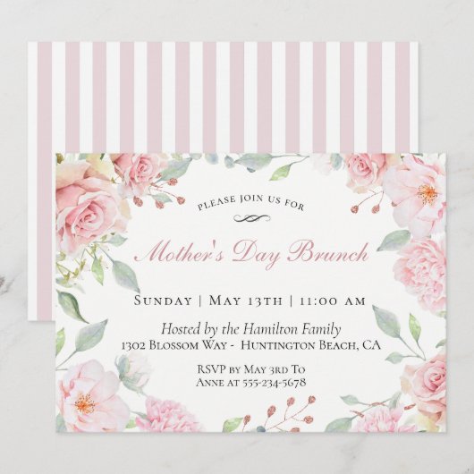 Blush Floral Moederdag Brunch Invitation Kaart (Voorkant / Achterkant)