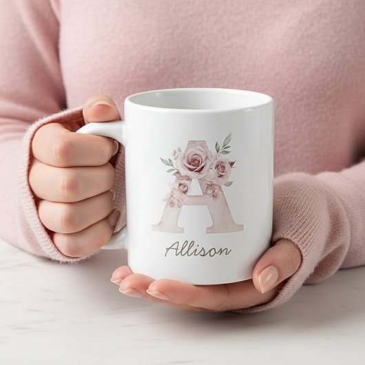 Blush Floral Monogram Feminine Mug - Letter A Grote Koffiekop