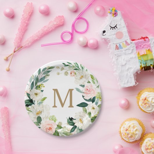 Blush Floral Monogram Vrijgezellenfeest Papier Bor Papieren Bordje (Feest)