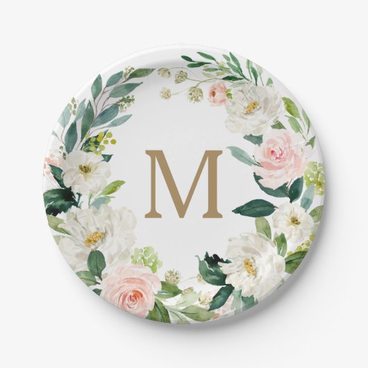 Blush Floral Monogram Vrijgezellenfeest Papier Bor Papieren Bordje (Voorkant)