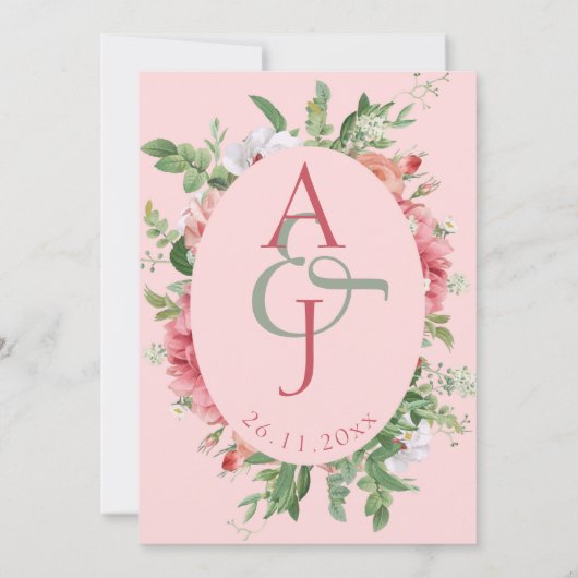  blush Floral Monogram Weddenschap sparen de Datum (Achterkant)