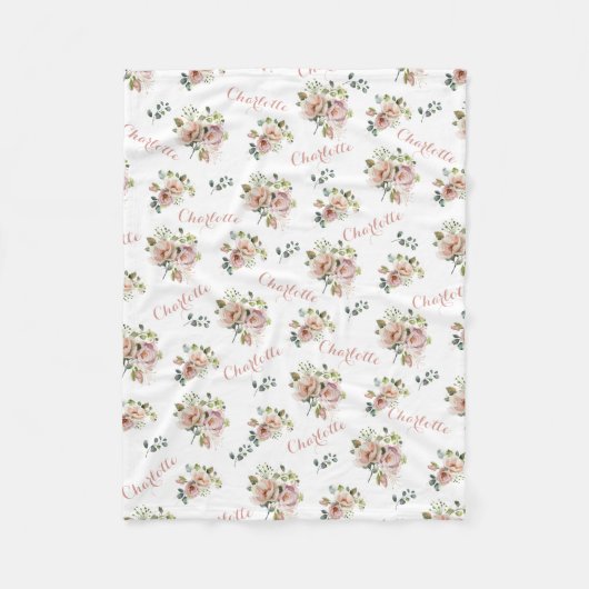 Blush Floral Monogrammed Fleece Blanket Deken (Voorkant)