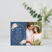 Blush Floral Navy Blue Geo Lijst Save the Date Briefkaart (Staand voorkant)