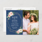 Blush Floral Navy Blue Geo Lijst Save the Date Briefkaart (Voorkant / Achterkant)
