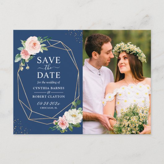 Blush Floral Navy Blue Geo Lijst Save the Date Briefkaart (Voorkant)