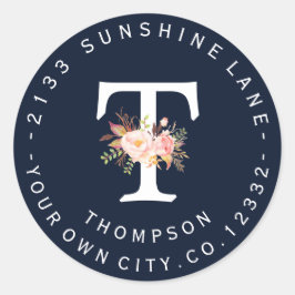 Blush Floral Navy Blue Monogram Adres label