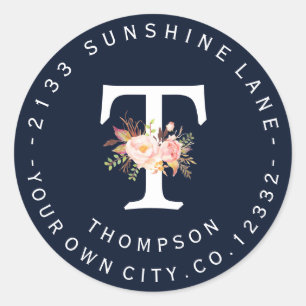 Blush Floral Navy Blue Monogram Adres label