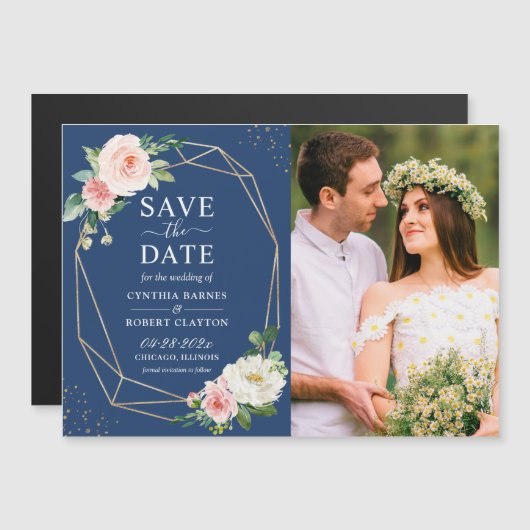 Blush Floral Navy Blue Photo Save the Date Magnet (Voorkant / Achterkant)