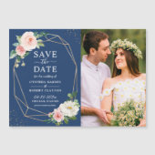 Blush Floral Navy Blue Photo Save the Date Magnet (Voorkant)
