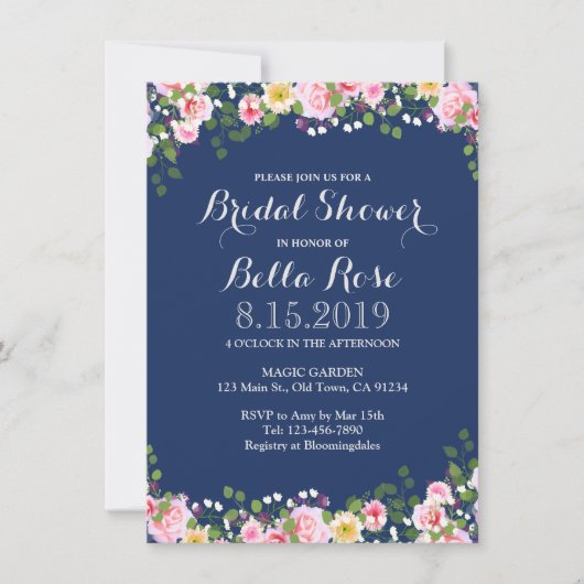 Blush Floral Navy Blue Vrijgezellenfeest Invite Kaart (Voorkant)