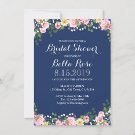 Blush Floral Navy Blue Vrijgezellenfeest Invite Kaart