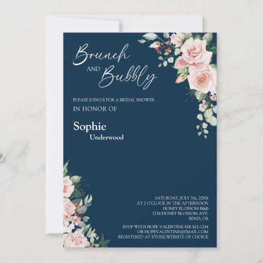 Blush Floral Navy Bridal Brunch en Bubble Kaart (Voorkant)