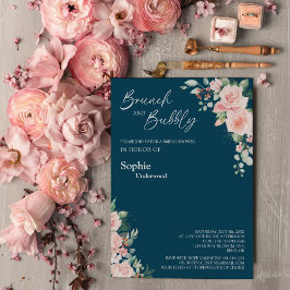 Blush Floral Navy Bridal Brunch en Bubble Kaart