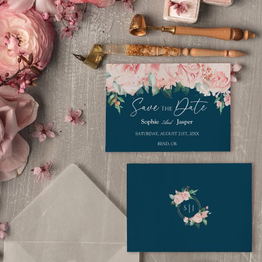 Blush Floral Navy Flat Save the Date Kaart