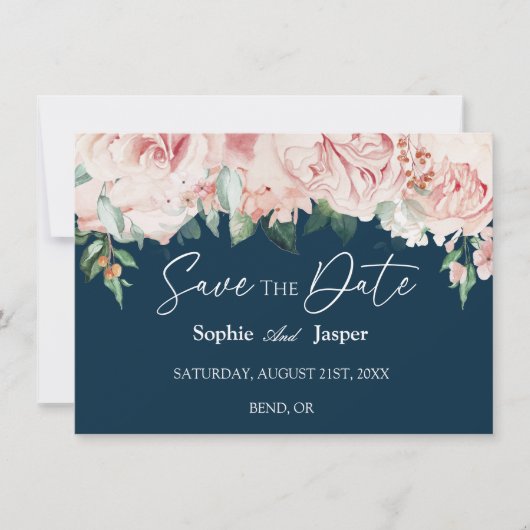Blush Floral Navy Flat Save the Date Kaart (Voorkant)