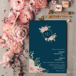 Blush Floral Navy Monogram Weddenschap Kaart