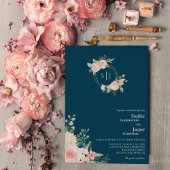Blush Floral Navy Monogram Weddenschap Kaart