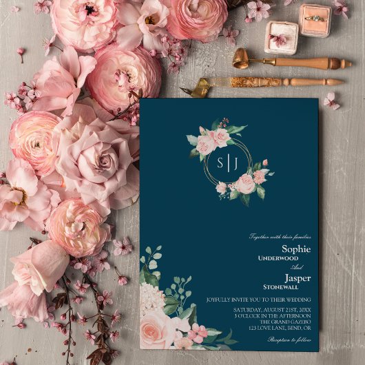 Blush Floral Navy Monogram Weddenschap Kaart