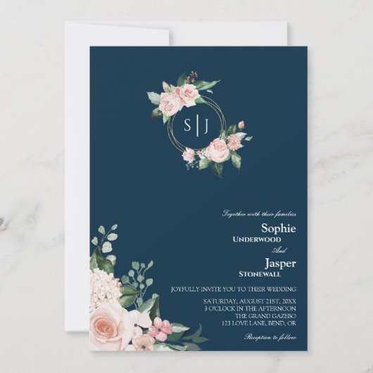 Blush Floral Navy Monogram Weddenschap Kaart (Voorkant)