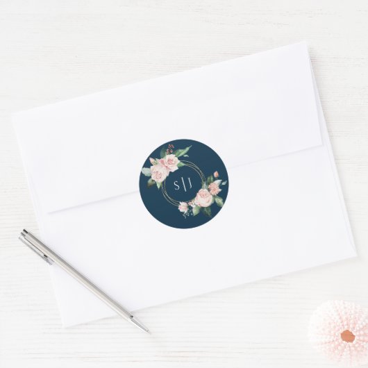 Blush Floral Navy Monogram Wedding Sticker (Envelop)