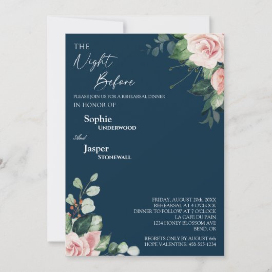 Blush Floral Navy nacht voor repetitie diner Kaart (Voorkant)
