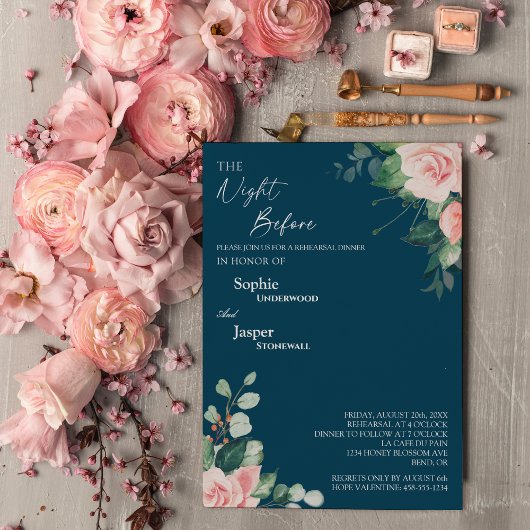 Blush Floral Navy nacht voor repetitie diner Kaart