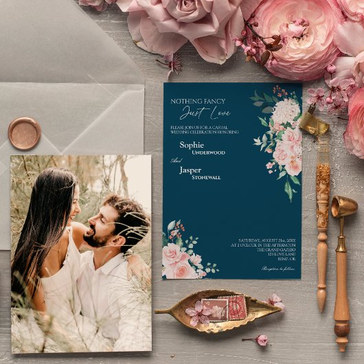 Blush Floral Navy Niets Fancy Foto Weddenschap Kaart