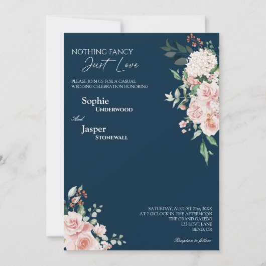 Blush Floral Navy Niets Fancy Foto Weddenschap Kaart (Voorkant)